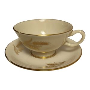 Vtg Lenox Harvest Wheat R-442 Cup & Saucer Set Ivory Gold Trim China USA